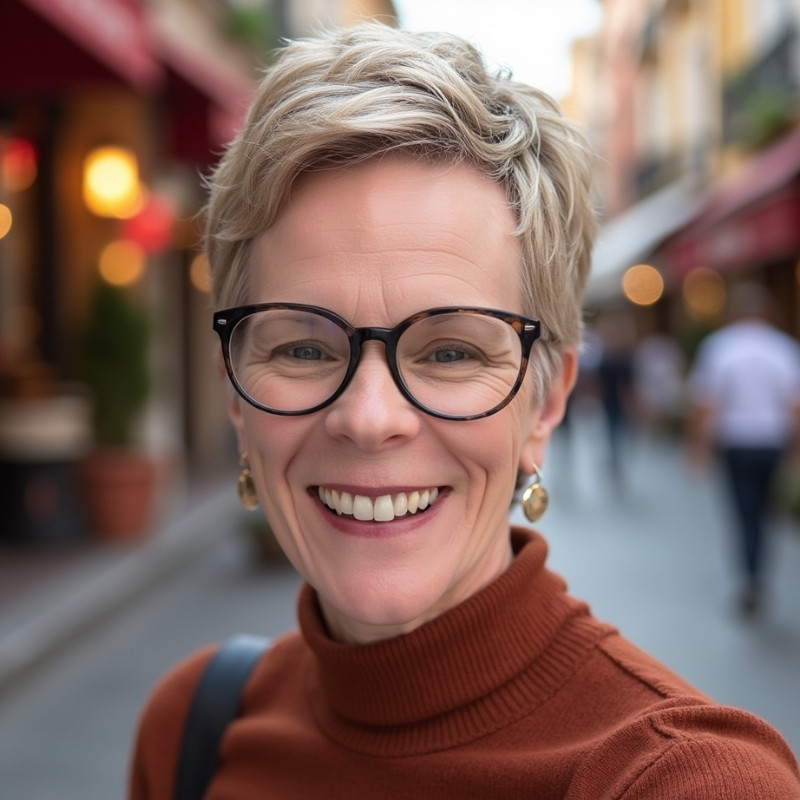 Smiling woman with glasses and short blonde hair outdoors.