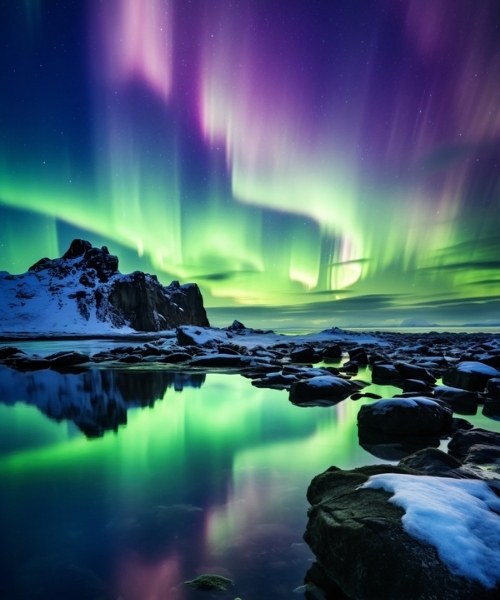 Vibrant northern lights dance over a snowy mountain and reflective icy water.