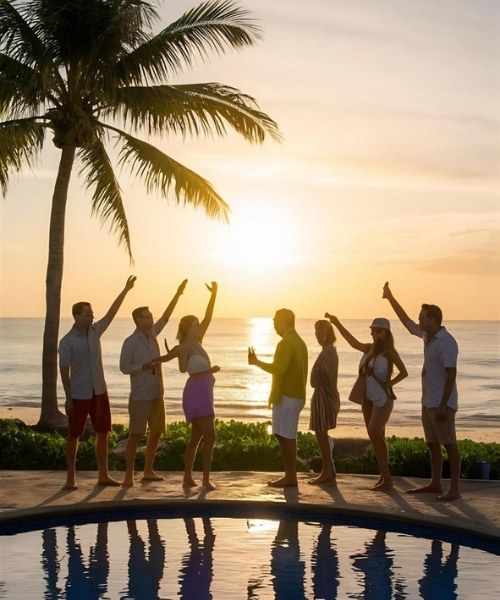 Group of friends enjoying a sunset by a poolside with raised hands.