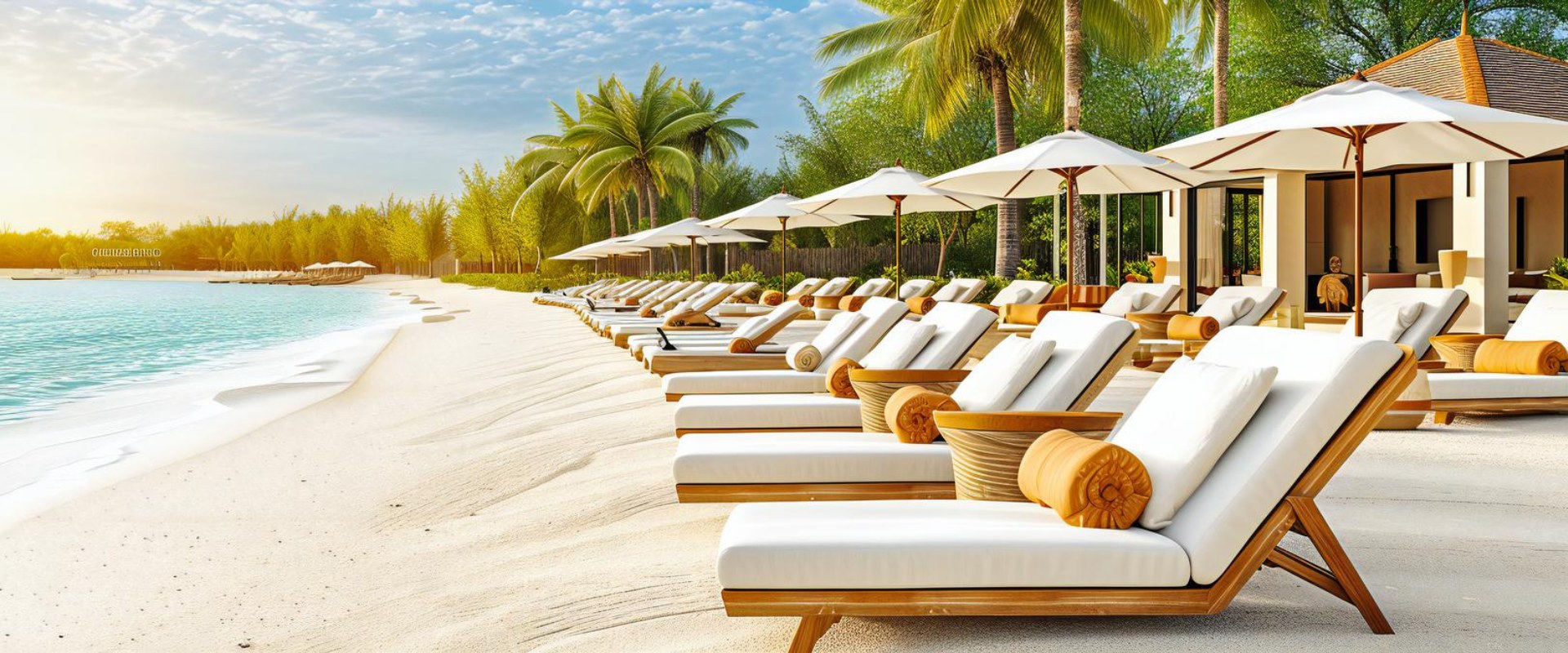 Luxurious beach loungers lined along a tropical sandy shore under umbrellas.